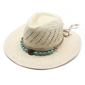 Ethnic straw jazz hat in cream white with turquoise beads and sun relief buckle detail