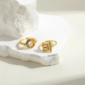 14K gold plated adjustable rings set with colorful zircon stones on stone base