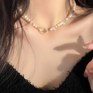 Elegant double-layered faux pearl necklace with gold chain and crystal pendant for women