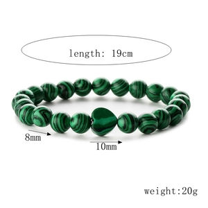 Detail showing 8mm green malachite beads and 10mm heart charm with 19cm dimension labels