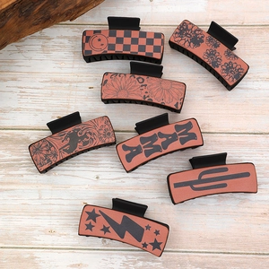 Large Square Hair Claw Clips Retro Western Sunflower Floral Letter Faux Leather Plastic Hair Styling Accessory For Women