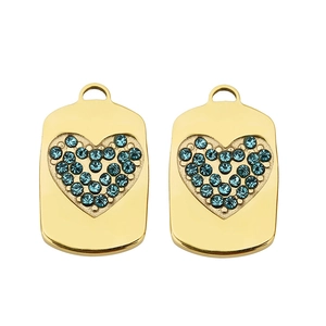 Golden rectangular pendant with blue rhinestone heart inlay for jewelry making