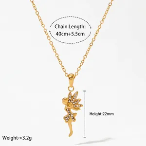 Elegant gold fairy pendant necklace with white crystals on a 40cm stainless steel chain