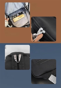 Detail view of smooth zippers, reinforced stitching, and inner compartments of the black backpack
