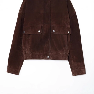 Brown faux suede bomber jacket with utility pockets and elasticated waist for women