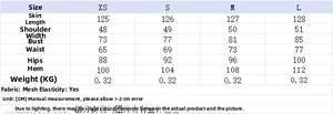 Detailed size chart for mesh dress showing measurements for chest, waist, and length