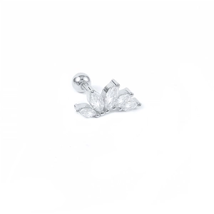 Detailed macro view of S925 silver flower stud earring with marquise cut zircons