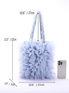 Detailed size chart of light blue pleated mesh shoulder bag with lace frills