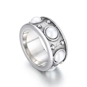 Bague Large Vintage En Acier Inoxydable Avec Fausses Künstliche Perles Finition Argent Vieilli Style Bohème Pour Femmes