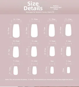 Detailed size chart for medium square press-on nails with width and length in mm