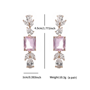 Detail showing dimensions of geometric square earrings with pink and white cubic zirconia