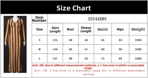 Detailed size guide table for V-neck long sleeve bodycon dress with precise measurements