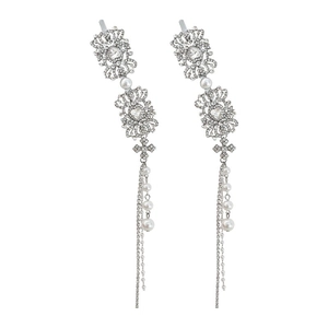 Elegant silver flower hair clip with rhinestones, pearls and long tassels for women