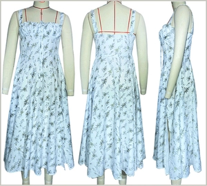 Detail view of floral print maxi dress featuring thin straps and waist-cinching design