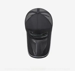 Close-up of black breathable mesh sun hat with long brim and sport fashion embroidery