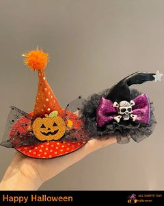 Detail of glitter pumpkin and skull wizard hat hair clips for Halloween