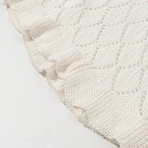 Detailed close-up of white knitted fabric showing hollow lace patterns and wavy edges
