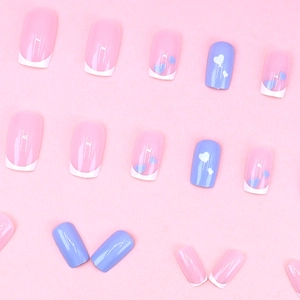 Elegant pink heart French square press-on nails with white tips in a minimalist style