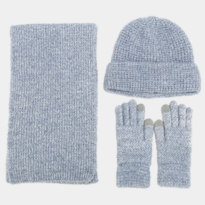 Three-piece winter knit set including light blue scarf, beanie hat, and touch-screen gloves