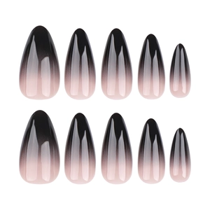 Short almond press-on nails with black French gradient and glossy finish, 10 pieces set
