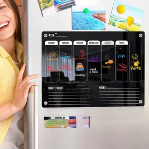 Detail of black magnetic acrylic weekly planner on fridge with six colored markers