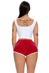 Rear view of white tight crop top and red athletic shorts with white trim