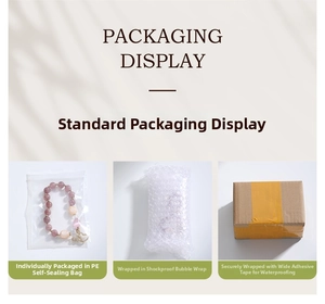 Detail view of pink pearl bracelet packaging with PE bag and bubble wrap protection