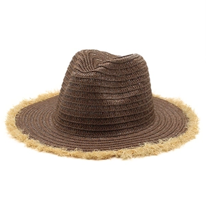 Dark brown straw fedora with light beige frayed brim for outdoor beach travel protection