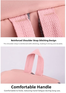Dettaglio della cucitura rinforzata dello spallaccio e del manico comodo dello zaino rosa