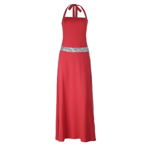 Detail of red halter maxi dress featuring sparkling silver sequin waistband decoration