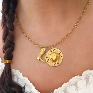 Vintage Western Cowboy Boot And Sombrero Hat Pendant Necklace For Women Gold Plated Titanium Steel Rhinestone Enamel Necklace