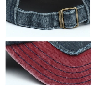 Detail of vintage baseball cap with metal buckle and multi-row stitching on brim