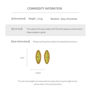 Size chart for olive green rhinestone earrings measuring 4cm by 1.6cm with 13.2g weight