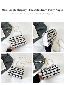 Detail views of tweed chain bag featuring black and white weave and gold hardware