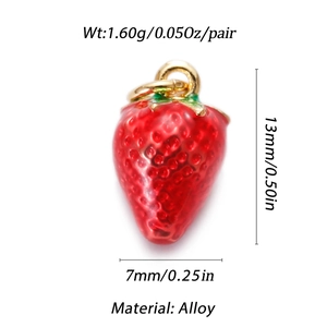 Detailed view of red enamel strawberry charm in alloy with dimensions and weight specs
