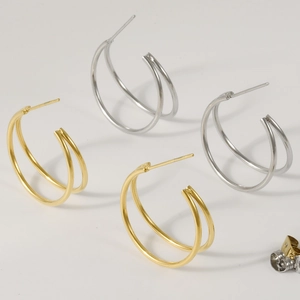 Minimalist double-layer 304 stainless steel hoop earrings in gold and silver finish
