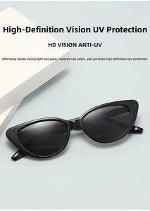 Detail view of black cat-eye sunglasses with glossy frame on a modern blue background