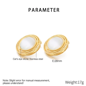 Detailed parameter view of gold stainless steel oval earrings with cat eye stone