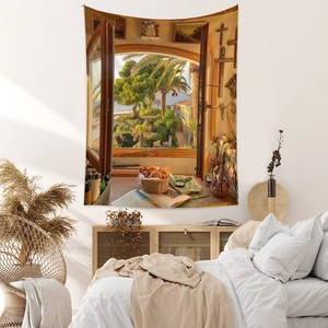 Artistic bohemian wall tapestry showing Mediterranean window view with palms and sea