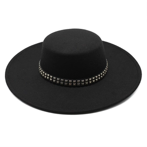 Black wool boater hat with 10cm wide brim and silver studded leather band on white background