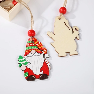 Detailed front and back views of wooden gnome Christmas tree ornaments with red beads
