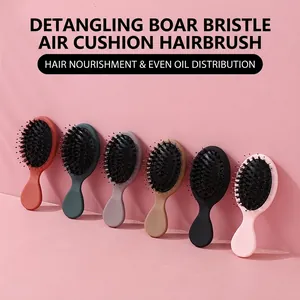 Mini Boar Bristle Hair Brush Air Cushion Massage Detangling Portable Travel Comb ABS Handle Nylon Pins Smoothing Frizz
