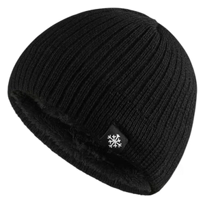 Winter thermal knit beanie in black with plush lining and snowflake tag detail