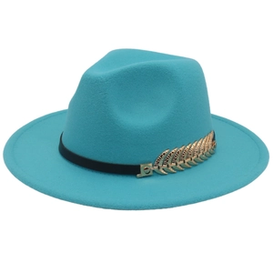 Detailed view of sky blue wool felt fedora featuring a gold leaf metal ornament and black band
