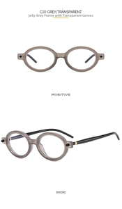 Detail view of oval jelly grey translucent frames with clear lenses and black temples