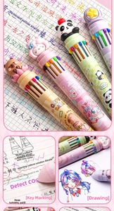 Close-up of 10-in-1 multicolor retractable ballpoint pen with 3D cartoon animal topper
