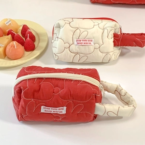 Quilted cotton rabbit-themed cosmetic bag set with soft wrist strap and large capacity