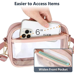 Detail view of pink PVC crossbody bag showing easy-access front pocket for 6 inch phone