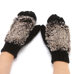 Women knit hedgehog mittens cute winter warm thick plush gloves black cute animal style