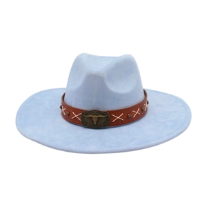 Detail of light blue felt cowboy hat featuring a leather band with bull head metal buckle